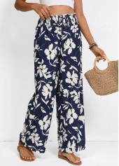 Navy Smocked Plants Print Wide Leg Elastic Waist Pants | thumb picture 
