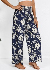 Navy Smocked Plants Print Wide Leg Elastic Waist Pants | thumb picture 