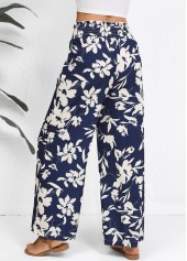 Navy Smocked Plants Print Wide Leg Elastic Waist Pants | thumb picture 
