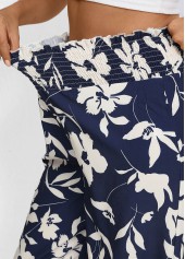 Navy Smocked Plants Print Wide Leg Elastic Waist Pants | thumb picture 