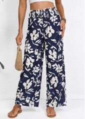 Navy Smocked Plants Print Wide Leg Elastic Waist Pants | thumb picture 
