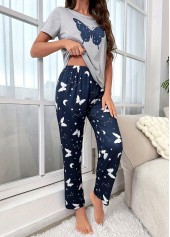 Navy Short Sleeve Round Neck Lounge Top and Pants | thumb picture 