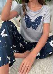 Navy Short Sleeve Round Neck Lounge Top and Pants | thumb picture 