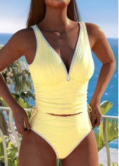Ruched Yellow V Neck Tankini Set