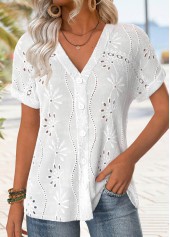 White Button Short Sleeve V Neck Blouse