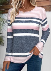 Pink Striped Long Sleeve Round Neck T Shirt