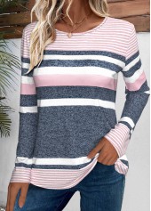 Pink Striped Long Sleeve Round Neck T Shirt | thumb picture 