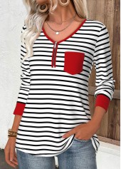 Red Zipper Striped Long Sleeve V Neck T Shirt