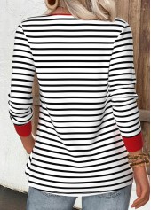 Red Zipper Striped Long Sleeve V Neck T Shirt