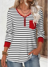 Red Zipper Striped Long Sleeve V Neck T Shirt