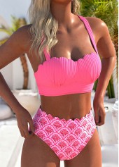 Scalloped Hem Floral Print Hot Pink Bikini Set