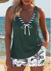 Lace Up Leaf Print Green Tankini Set