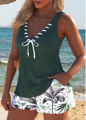 Lace Up Leaf Print Green Tankini Set | thumb picture 