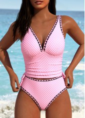 Contrast Binding Pink V-Neck Tankini Set