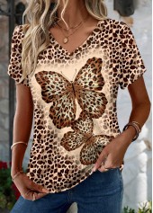 Dark Coffee Leopard Short Sleeve V Neck T Shirt