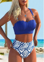 Tropical Plants Print Dark Blue Bandeau Bikini Set