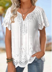White Embroidery Short Sleeve Turn Down Collar Blouse