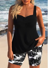 Plus Size Surplice Black Feathers Print Tankini Set