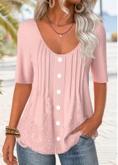 Light Pink Button Half Sleeve Scoop Neck T Shirt