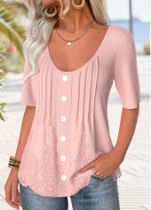 Light Pink Button Half Sleeve Scoop Neck T Shirt | thumb picture 