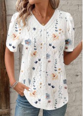 White Embroidery Floral Print Short Sleeve V Neck Blouse