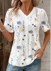 White Embroidery Floral Print Short Sleeve V Neck Blouse | thumb picture 