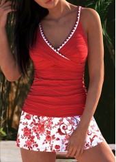 Contrast Binding High Waisted Tribal Print Red Tankini Set