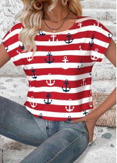 Red Striped Short Sleeve Round Neck T Shirt