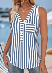Dusty Blue Button Striped Sleeveless V Neck Tank Top | thumb picture 