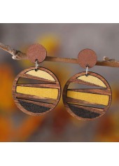 Dark Coffee Geometric Round Wood Earrings