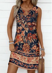 Dark Blue Circular Ring Floral Print Sleeveless Dress