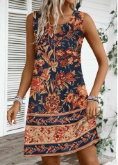 Dark Blue Circular Ring Floral Print Sleeveless Dress | thumb picture 