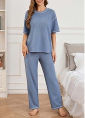 Blue Short Sleeve Round Neck Lounge Top and Pants