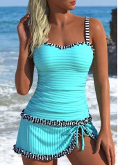 Contrast Binding Mid Waisted Striped Cyan Tankini Set