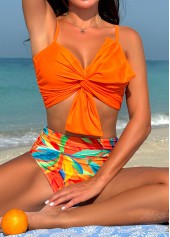Twist High Waisted Leaf Print Orange Bikini Set