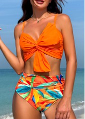 Twist High Waisted Leaf Print Orange Bikini Set