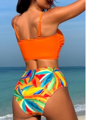Twist High Waisted Leaf Print Orange Bikini Set