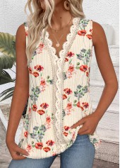 Beige Embroidery Floral Print Sleeveless V Neck Tank Top