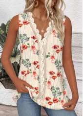Beige Embroidery Floral Print Sleeveless V Neck Tank Top | thumb picture 