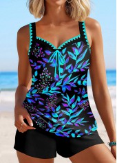 Contrast Binding Floral Print Cyan Tankini Set