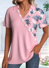 Pink Asymmetry Leaf Print Short Sleeve Shirt