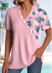 Pink Asymmetry Leaf Print Short Sleeve Shirt | thumb picture 