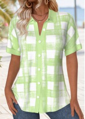 Light Green Button Plaid Short Sleeve Shirt