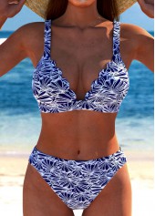Scalloped Hem Jacquard Dark Blue Bikini Set