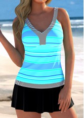 Patchwork V Neck Striped Cyan Tankini Set