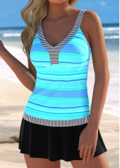 Patchwork V Neck Striped Cyan Tankini Set | thumb picture 