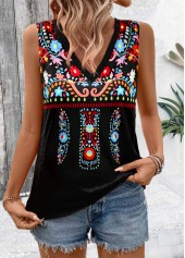 Black Tribal Print Sleeveless V Neck Tank Top