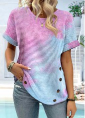 Blue Button Ombre Short Sleeve Round Neck T Shirt