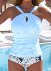 Cut Out Mid Waisted Tropical Plants Print Tankini Set