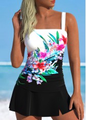 Ruched Mid Waisted Floral Print Black Tankini Set